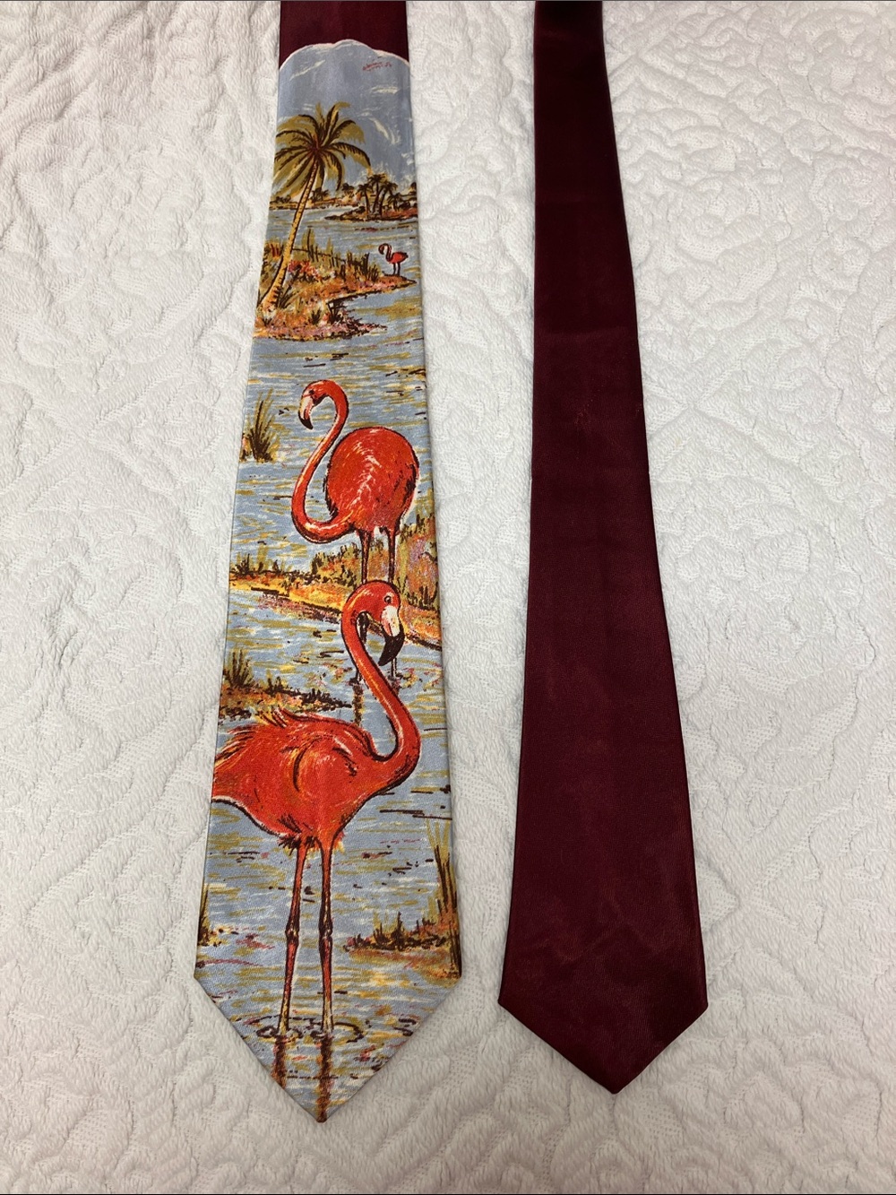 Vintage mid century flamingo silk tie, orange, red blue